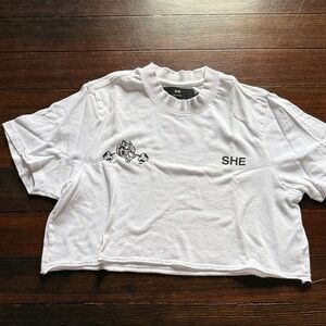 Darc Sport White Cropped Graphic Tee with 'SHE' Print
